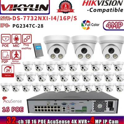 VIKYLIN 32CH 16POE System DS-7732NXI-I4/16P/S NVR 4MP Full Color IP Camera Lot