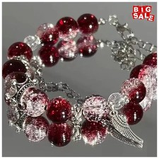 Personalized Beaded Bracelet Red Crystal Feather Pendant Vintage Elastic Chain