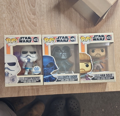 3 Funko Pops Lot Star Wars Concept Series Stormtrooper Darth Vader Han Solo
