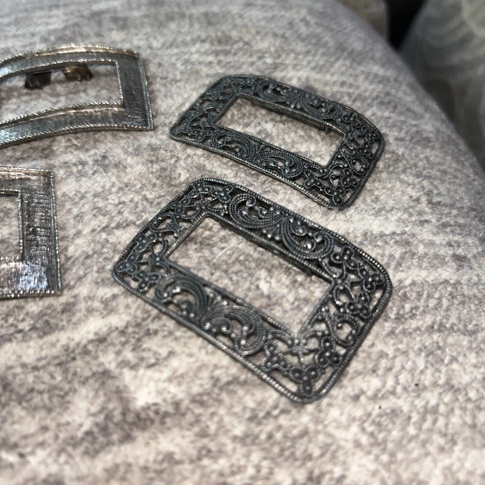 De Colección Musi Peregrino Zapatos Clips Ornamentados Filigrana Rectángulos Peltre Tono Plata Foto 3 de 4