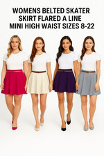 Womens Belted Skater Skirt Flared A Line Mini High Waist Sizes 8-22
