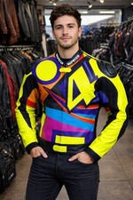 Chaqueta de Cuero Para Hombres VR46 Valentino Rossi Carreras Neón MotoGP Estilo Motociclista CE Armadura