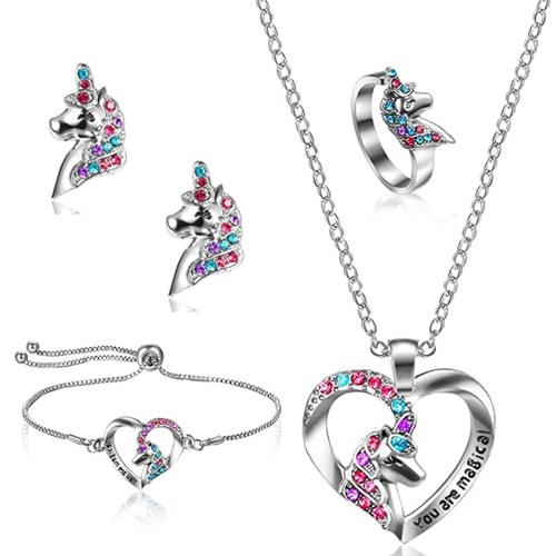 Set De 5 Bijoux Licorne Pour Filles - Collier, Bracelet, Bague Et Boucles D'Oreilles