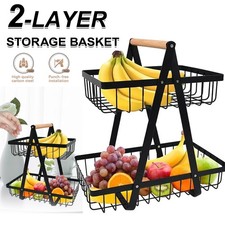 Home 2-Tier Black Iron Fruit Storage Basket Vegetable Bowl Bread Holder Rack UK