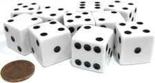 Set of 10 Large Six Sided Square Opaque 19Mm D6 Dice - White with Black Pip Die
