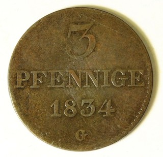 SAXONY ALBERTINE 3 Pfennig 1834 G Copper Anton 2731