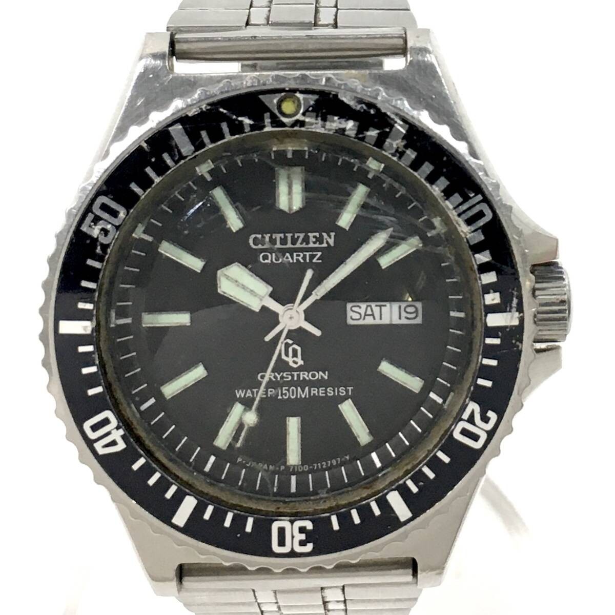 CITIZEN Crystron Diver 150M Quartz Mens Watch Black Dial Day Date