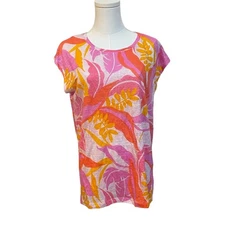 C&C California Bright Floral Linen Top Womens Size Small Summer Orange Pink