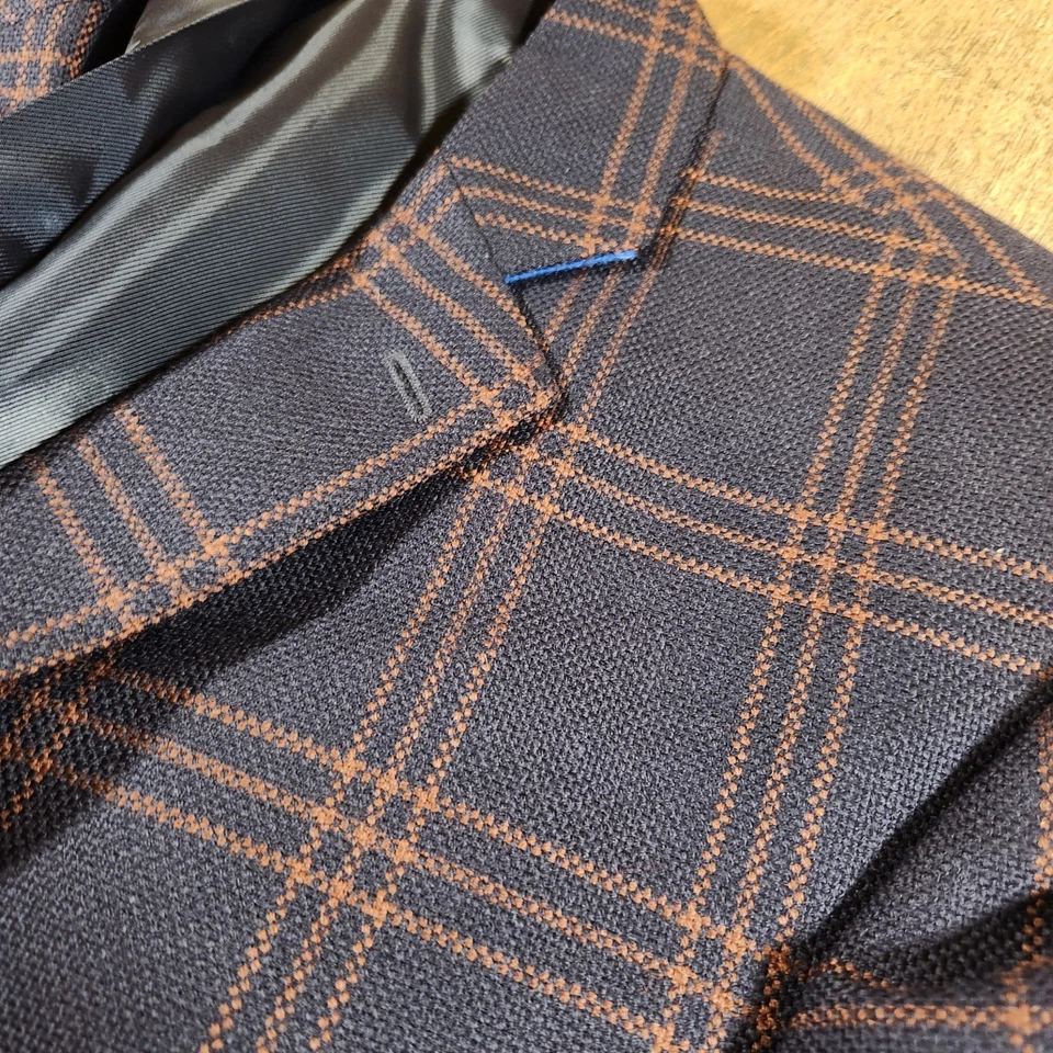 Blazer xadrez Stafford janela 42S fino azul marrom casaco esportivo terno jaqueta lã - Imagem 2 de 4
