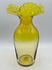 Blenko style hand blown yellow art glass vase with a ruffled rim