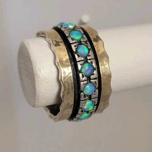 925 Sterling Silver & 14K Gold Ethiopian Blue Opal Ring Ethnic Bohemian Size 8