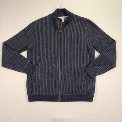 E1 Carbon 2 Cobalt Sweater Men Sz L Blue Cable Knit Linen Fisherman Full Zip 