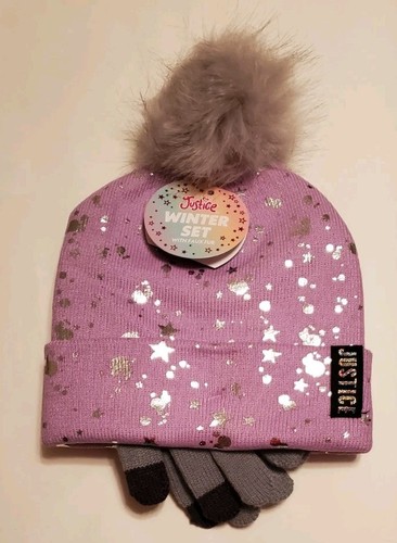 Justice Purple and Gray Iridescent Foil Print Winter Hat and Gloves Set New - Picture 1 of 4