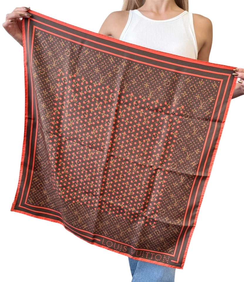 LOUIS VUITTON винтажный LV логотип монограмма Perfo шарф надежном горошек коричневый оранжевый шелк - Изображение 3 из 4