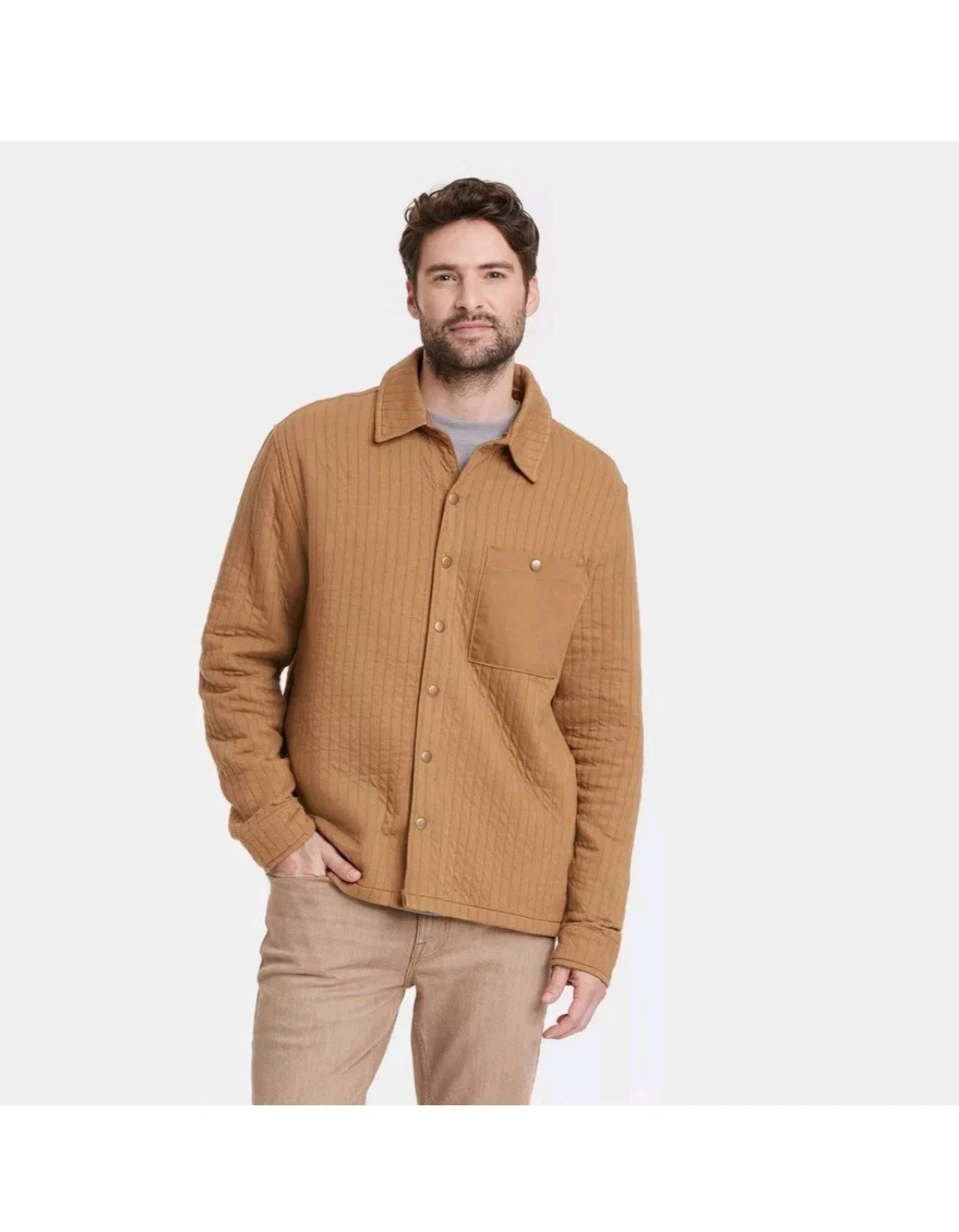 Goodfellow Men's Quilted Knit 3 Pocket Snap Collared Brown Jacket Small $35