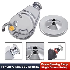 For Chevy SBC BBC Saginaw Power Steering Pump w/ Single Groove Pulley Chrome