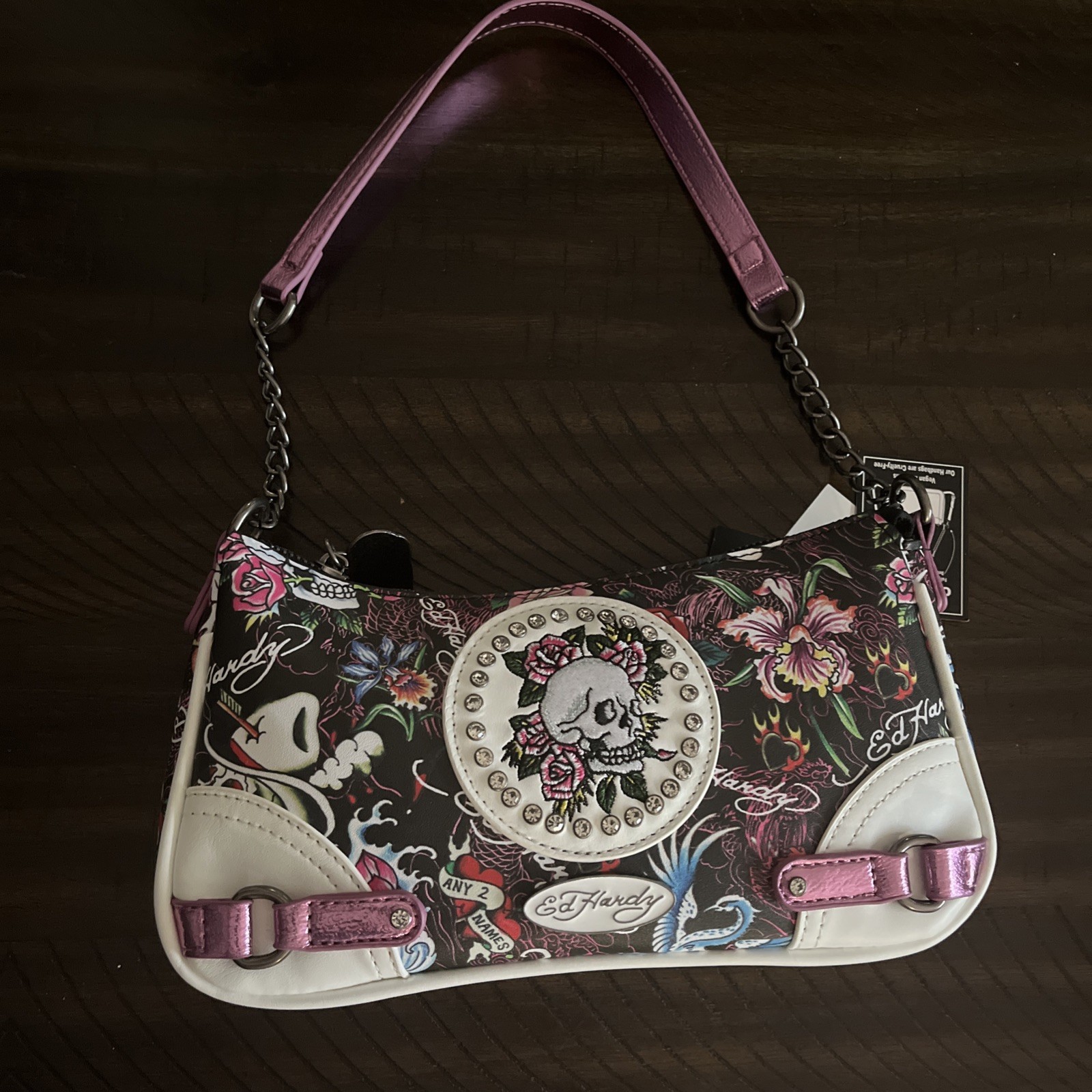 Ed Hardy White Pink Crossbody Bag With Skull & Multi Color Tattoo Print NWT