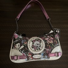Ed Hardy White Pink Crossbody Bag With Skull  Multi Color Tattoo Print NWT