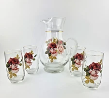 MCM West Virginia Glass 5 Pc Pitcher & Glass Set Hand Painted Floral Gold Rim