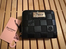 Juicy Couture Black Zip-Around Wallet with Logo Plaque, Card Slots, Check Patte…