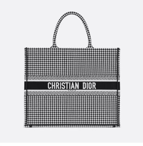 Christian Dior Book Tote Houndstooth Canvas Silver Hardware Top Handle Bag