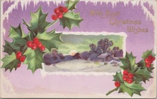 With Best Christmas Wishes Purple Winter Scene Holly Berries Vtg Postcard #2189