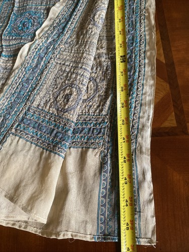 Vintage Sheer Silk Scarf Stole Blue Hand Embellished Block Print Indie XXL OOAK - Picture 17 of 20