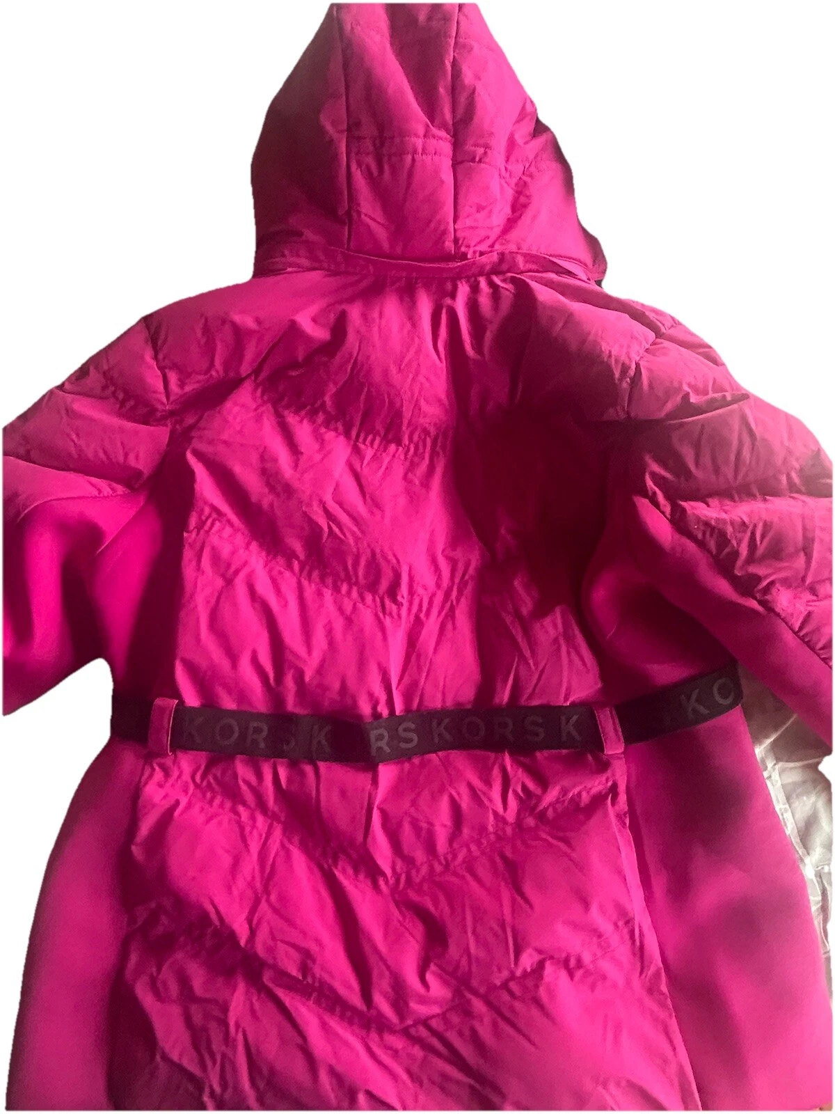 MICHAEL KORS donna 3XL rosa fucsia puffer scooba giacca con cintura cappuccio pelliccia sintetica MK