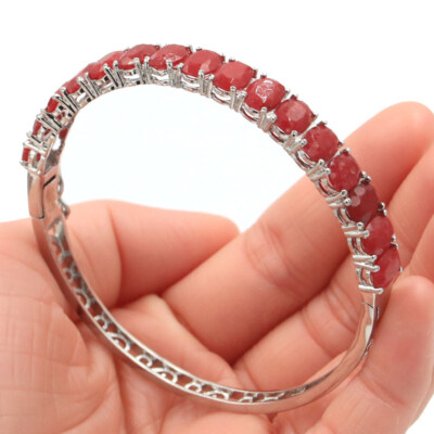 Buy 3 Get 1 Free 15.6g Real Red Rubies Women Silver Bangle Bracelet 9.0''