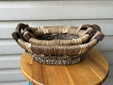 Vintage Woven Wicker Baskets Wooden Handles Rustic Farmhouse 14” & 12”- Set Of 2