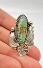 Vtg Navajo Sterling Silver Natural Carico Lake Turquoise Stamped Long Ring 1.25"
