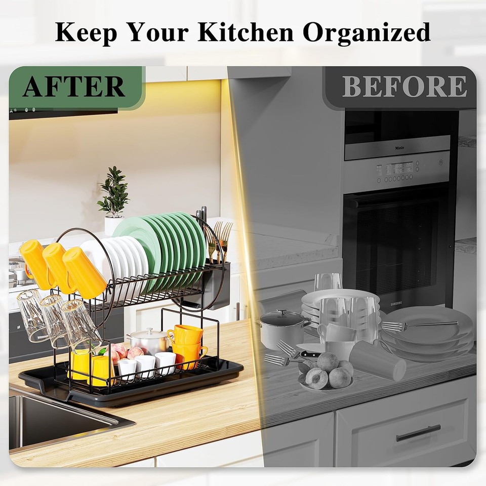 HBN Dish Drying Rack - 2 Tier Dish Racks for Kitchen Counter with ...