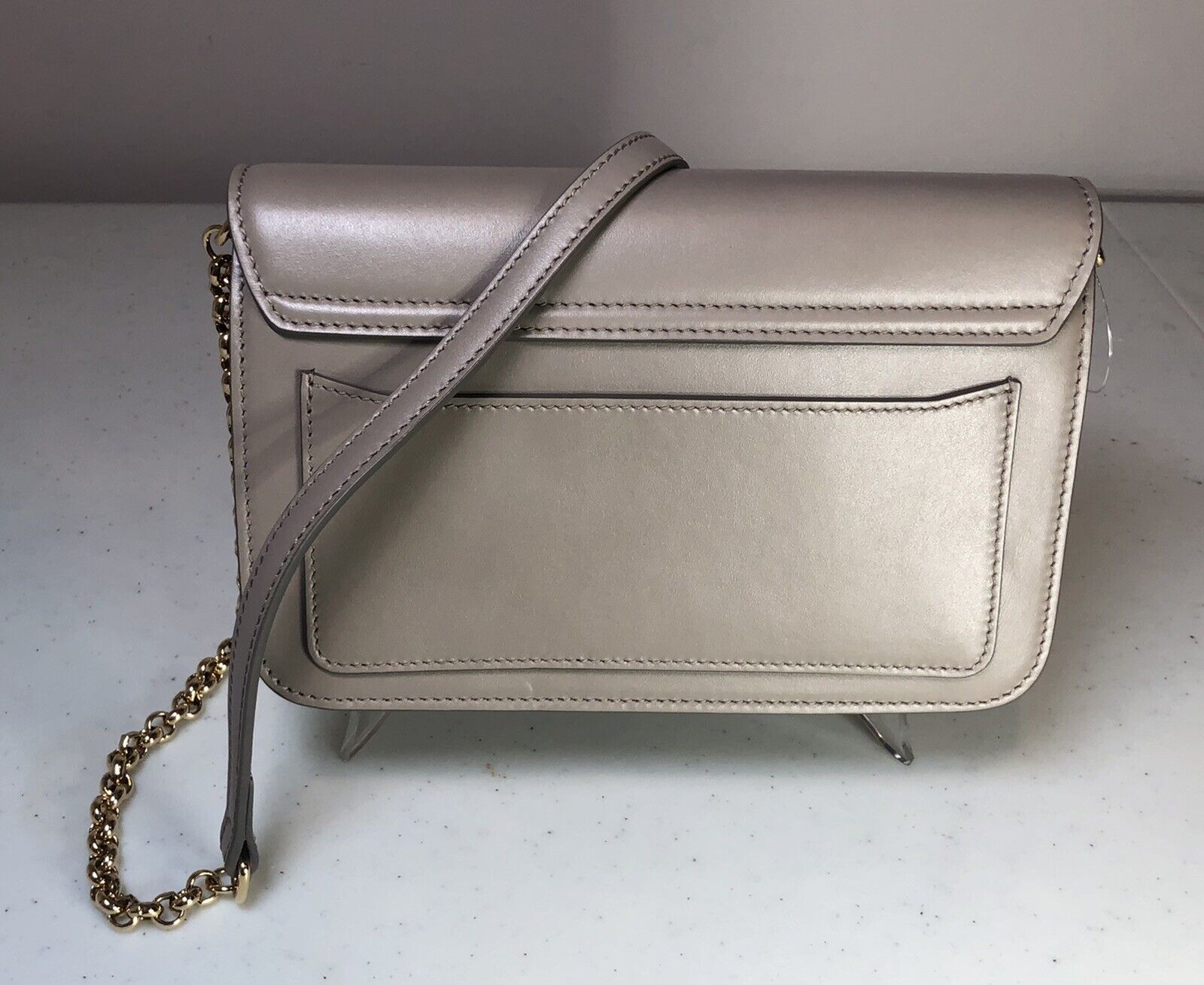 NEW! $1,190 ~ CHLOE C CLUTCH MINI LEATHER CROSSBODY BAG ON A CHAIN, MOTTY  GREY