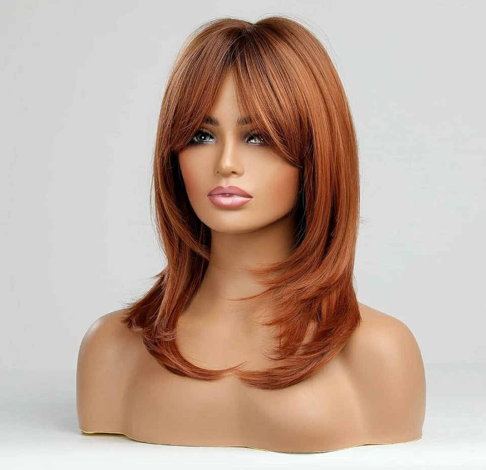 Peluca Larga Capas Recta con Golpes Castaño Rojizo/Cobre/Rojo Cabello Resistente al Calor Foto 3 de 4