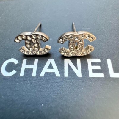CHANEL Coco Mark Pierced Earrings Rhinestone Silver w/Box