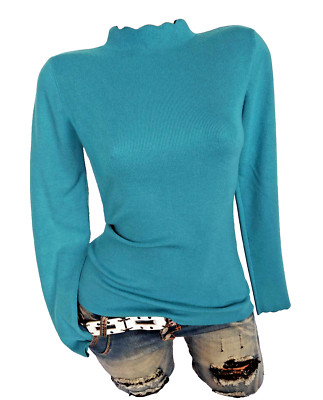 Damen Pullover Feinstrick Pulli weich warm Rollkragen Stehkragen Petrol 34 36
