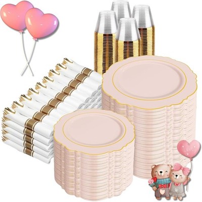 Gold Plastic Plates - Baroque Dinnerware Sets for 100 Guests - 200