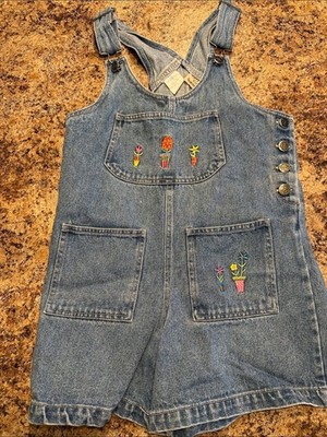Vintage Rachel s Kids Embroidered Denim Short Overalls with Potted-Plant Motif