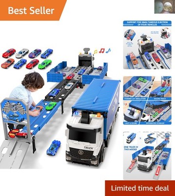 Multi-Functional 3-Layer Carrier Truck & Race Track with Lights for Kids Age 3-6