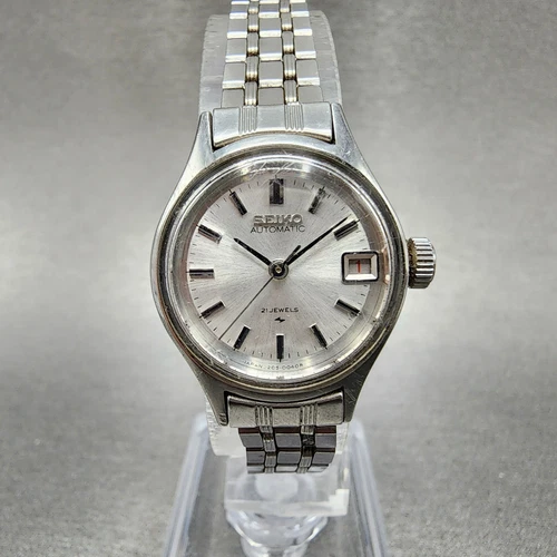 Seiko Automatic Watch Women 22mm Silver Dial Silver Tone Date 2205-0040 Runs
