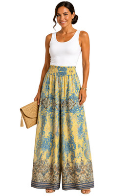 Women s Wide Leg Palazzo Pants Boho Medallion Print Smocked Waist Size M