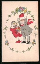 Künstler-AK Pauli Ebner unsign.: Kinderpaar mit Blumen bei Wind 