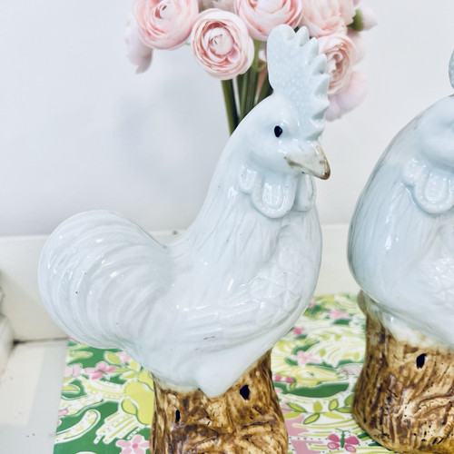 Vtg Pair Chinese Export Rooster Figurines Majolica Chinoiserie Set Of 2 Chicken - Picture 3 of 12