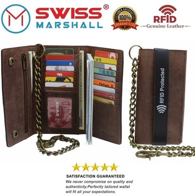 RFID Blocking Leather Biker Trifold Chain Wallet Long Checkbook Black Tan Brown