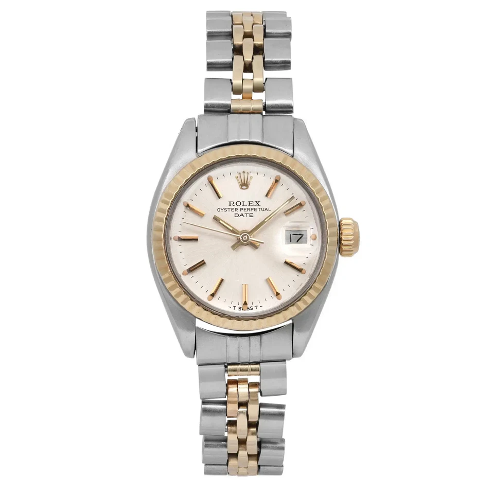 Rolex Date 14K Yellow Gold Steel Silver Dial Automatic Ladies Watch 6917