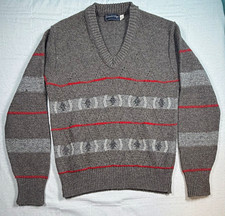 Vtg 80s Cambridge Ltd Mens M V Neck Sweater Wool Blend Gray Striped Made in USA