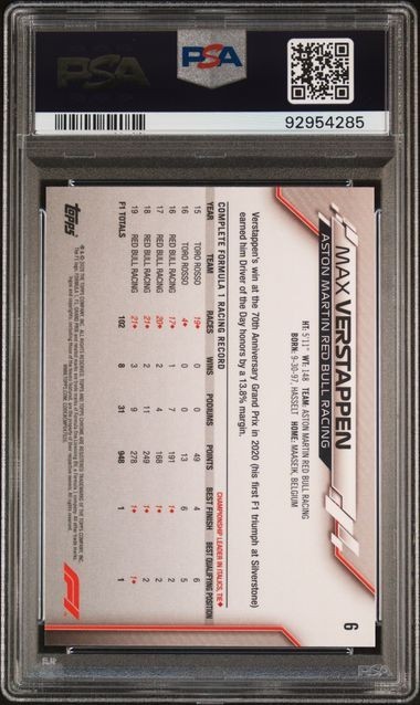 Max Verstappen 2020 TOPPS CHROME F1 SAPPHIRE EDITION-SP #6 PSA 10 GEM MT RC view 2