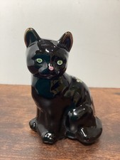Fenton 4  Black Glass Cat Hand-painted Flowers Signed Excellent Condition