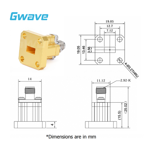 Adaptadores coaxiales de guía de onda recta hembra WR-28 a 2,92 mm con brida UBR320 - Imagen 4 de 9
