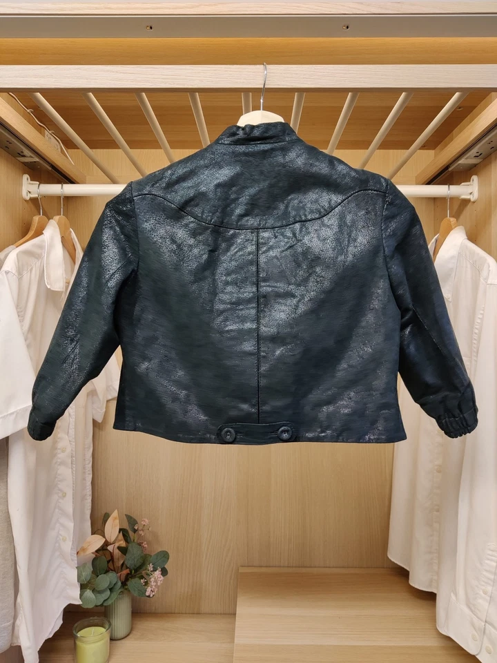 DOMA MEDIUM BLACK COAT JACKET LEATHER SHIMMER CROP VINTAGE LINED BOLERO WOMENS - Image 2 of 4